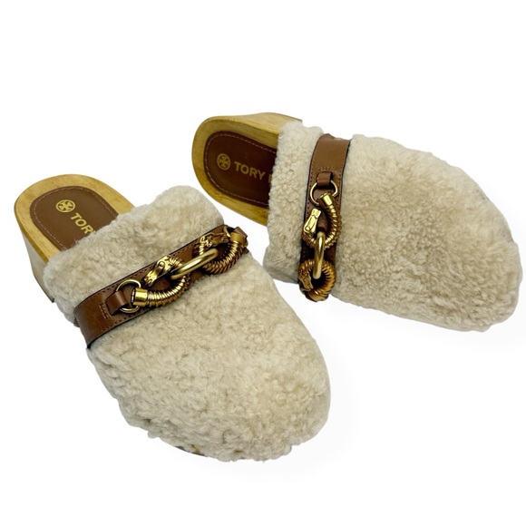 TORY BURCH Jessa Shearling Horse-Head Wooden Clog Mule Size 5 1/2 - Picture 1 of 11